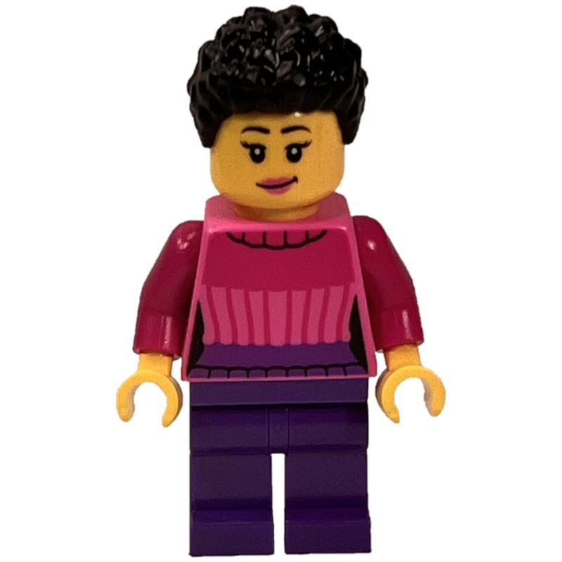 Femme, chandail rose foncé, jambes violet foncé (Woman, Dark Pink Sweater, Dark Purple Legs)