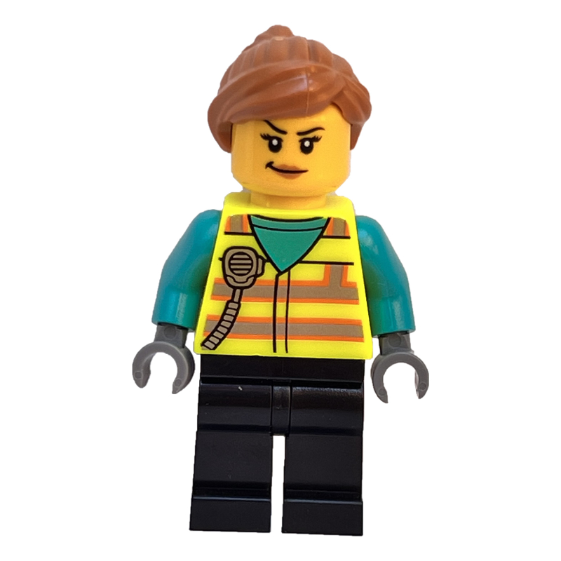 Femme, gilet de sécurité jaune vif, jambes noires (Woman, Vibrant Yellow Safety Vest, Black Legs)