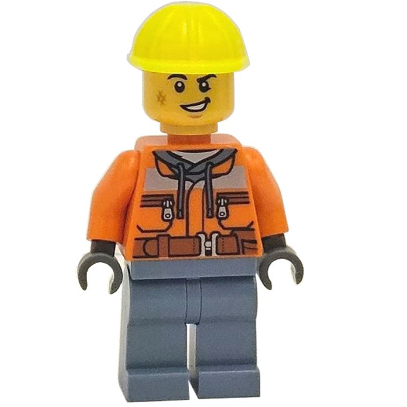 Homme, veste de sécurité orange, jambes bleu sable, casque de chantier jaune vibrant (Man, Orange Safety Jacket, Sand Blue Legs, Vibrant Yellow Hard Hat)