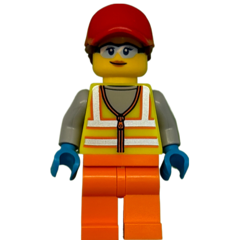 Femme, gilet de sécurité jaune vif, jambes orange, casquette rouge, lunettes de sécurité (Woman, Vibrant Yellow Safety Vest, Orange Legs, Red Cap, Safety Glasses)