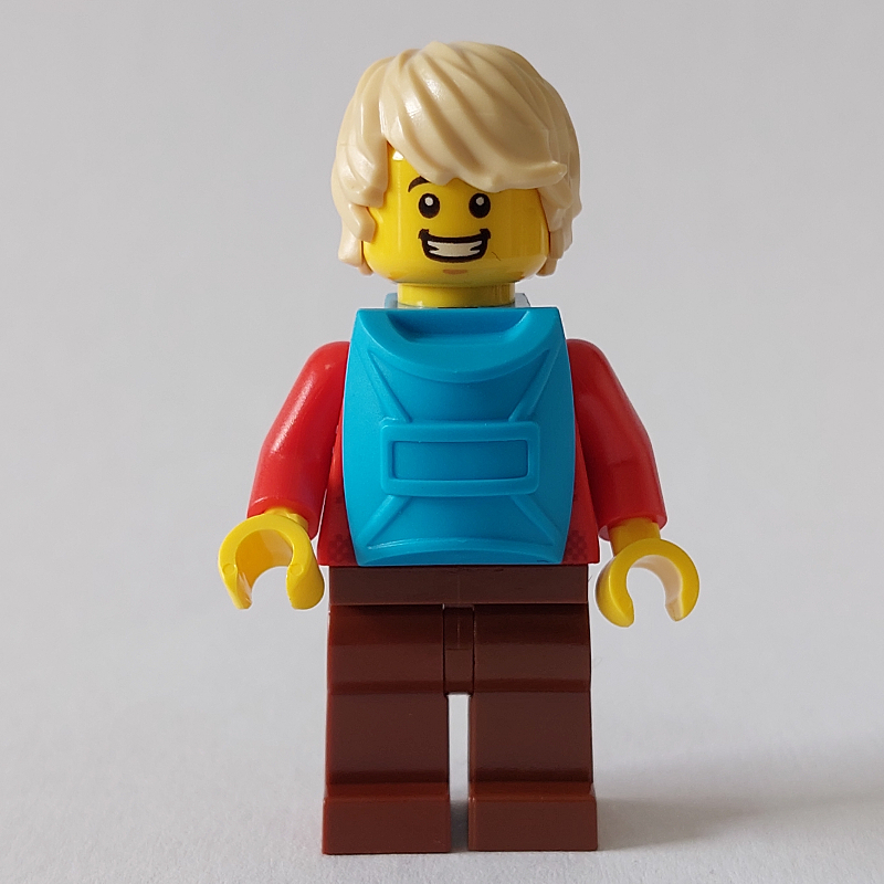 Homme, chemise à carreaux rouge, jambes brun rougeâtre, cheveux beiges, sac à dos sur le devant (Man, Red Plaid Shirt, Reddish Brown Legs, Tan Hair, Backpack on Front)