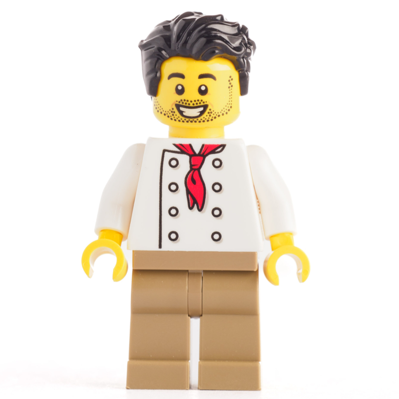 Chef - torse blanc, jambes beige foncé, cheveux noirs (Chef - White Torso, Dark Tan Legs, Black Hair)