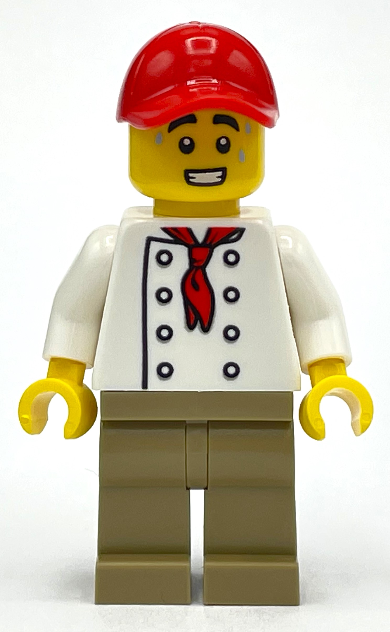 Cuisinier, torse blanc, jambes beige foncé, casquette rouge (Chef, White Torso, Dark Tan Legs, Red Cap)
