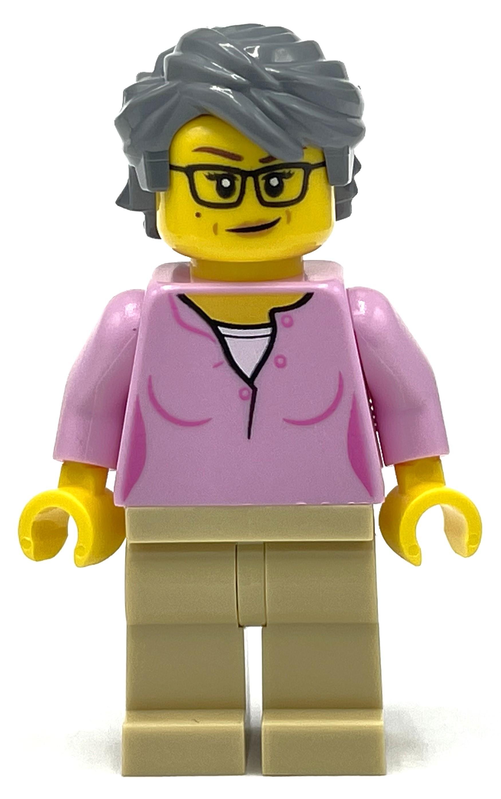 Torse rose vif, jambes beiges, cheveux gris bleuté foncé (Bright Pink Torso, Tan Legs, Dark Bluish Grey Hair)