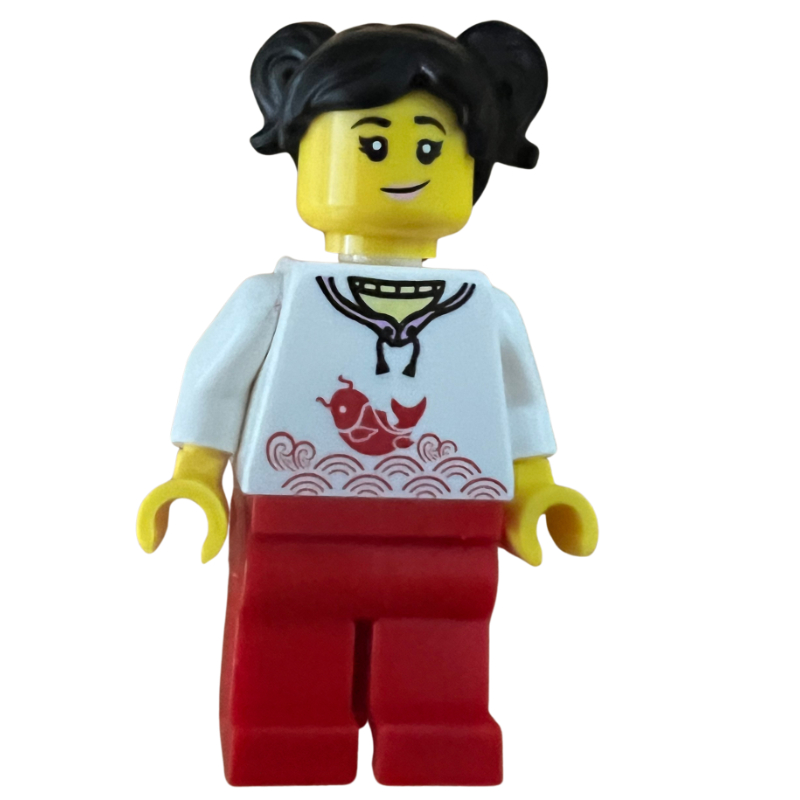 Femme, torse blanc avec koi, jambes rouges, cheveux noirs (Woman, White Torso with Koi, Red Legs, Black Hair)