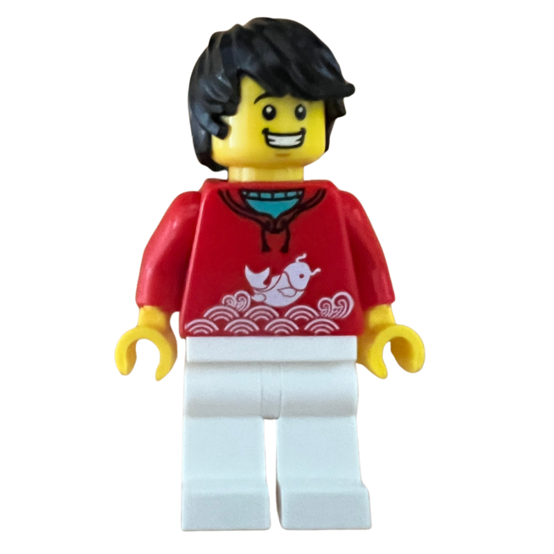Torse rouge avec koi, jambes blanches, cheveux noirs (Red Torso with Koi, White Legs, Black Hair)