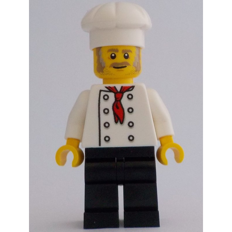 Cuisinier — torse blanc, jambes noires, chapeau blanc, favoris gris bleuté clair (Chef - White Torso, Black Legs, White Hat, Light Bluish Grey Sideburns)