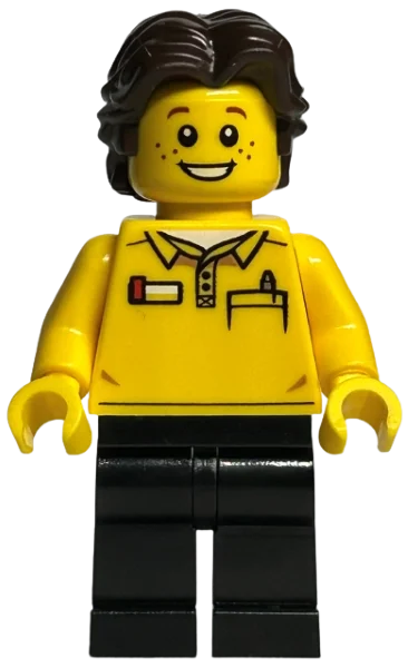 Employé du magasin LEGO - torse jaune, jambes noires, cheveux brun foncé (LEGO Store Employee - Yellow Torso, Black Legs, Dark Brown Hair)