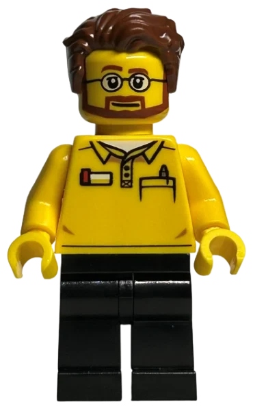 Employé du magasin LEGO - torse jaune, jambes noires, cheveux brun rougeâtre, barbe, lunettes (LEGO Store Employee - Yellow Torso, Black Legs, Reddish Brown Hair, Beard, Glasses)