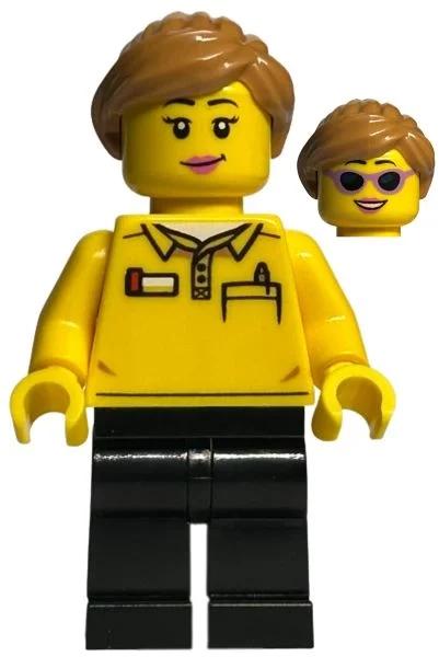 Employé du magasin LEGO - torse jaune, jambes noires, cheveux nougat moyen (LEGO Store Employee - Yellow Torso, Black Legs, Medium Nougat Hair)