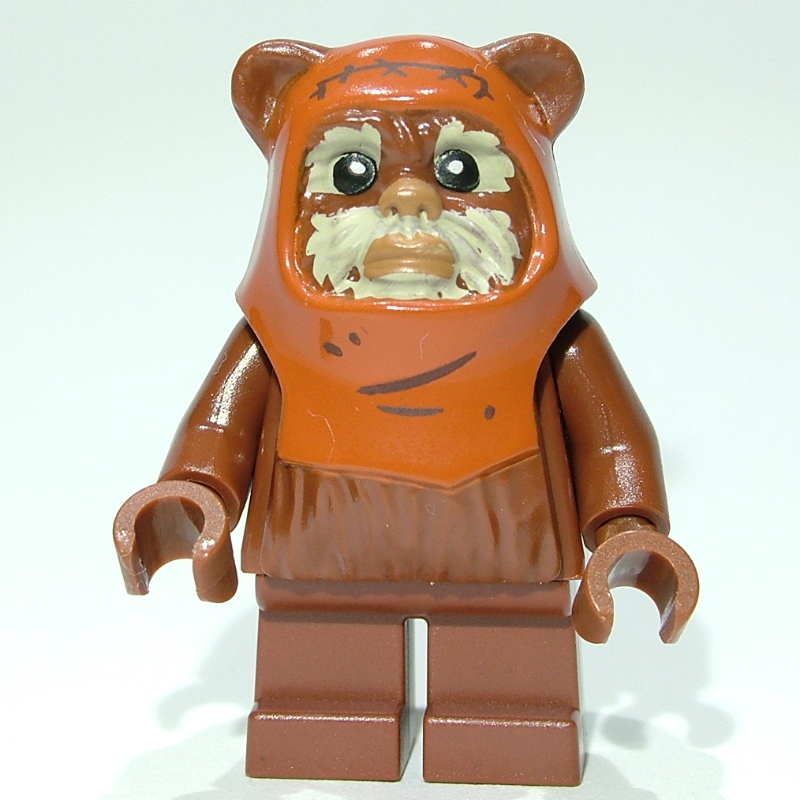 Guichet, ewok, capuche imprimé orange foncé, visage beige, lignes sur la capuche (Wicket, Ewok, Printed Dark Orange Hood, Tan Face, Lines on Hood)