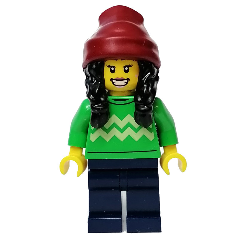 Torse vert clair, jambes bleu foncé, bonnet rouge foncé, cheveux noirs (Bright Green Torso, Dark Blue Legs, Dark Red Beanie, Black Hair)
