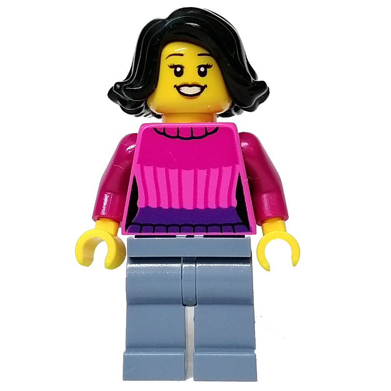 Torse rose foncé, jambes bleu sable, cheveux noirs (Dark Pink Torso, Sand Blue Legs, Black Hair)