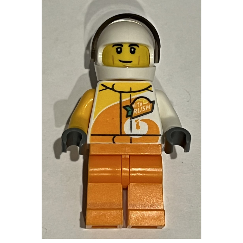 Combinaison de course, blanc et orange avec 'vita rush', casque blanc avec visière (3626cpr3025 tête) (Racer, White and Orange Jumpsuit with 'VITA RUSH', White Helmet with Visor (3626cpr3025 Head))