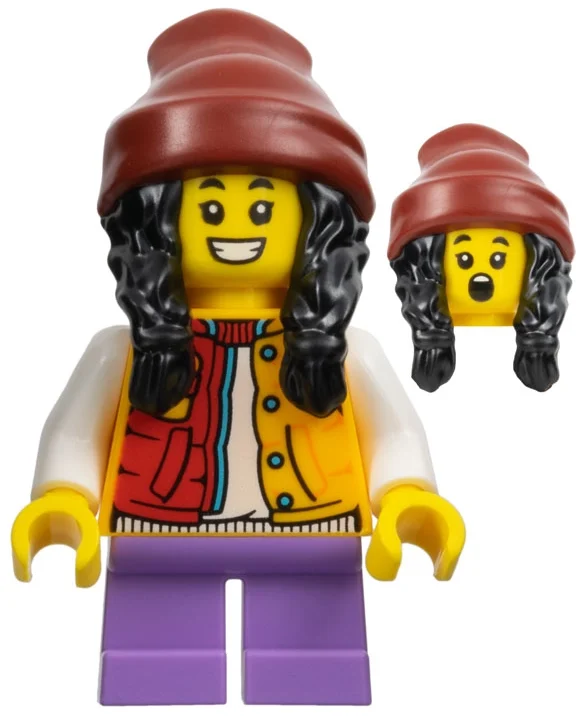 Kid - torse orange, jambes de lavande moyenne, cheveux noirs, bonnet rouge foncé (Kid - Orange Torso, Medium Lavender Legs, Black Hair, Dark Red Beanie)