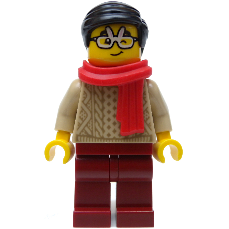 Torse beige, jambes rouge foncé, cheveux noirs, écharpe rouge (Tan Torso, Dark Red Legs, Black Hair, Red Scarf)