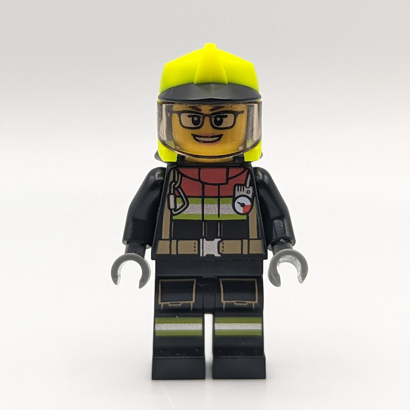 Pompier, tenue noire, casque vert vibrant avec visière, lunettes (Firefighter, Black Suit, Vibrant Green Helmet with Visor, Glasses)