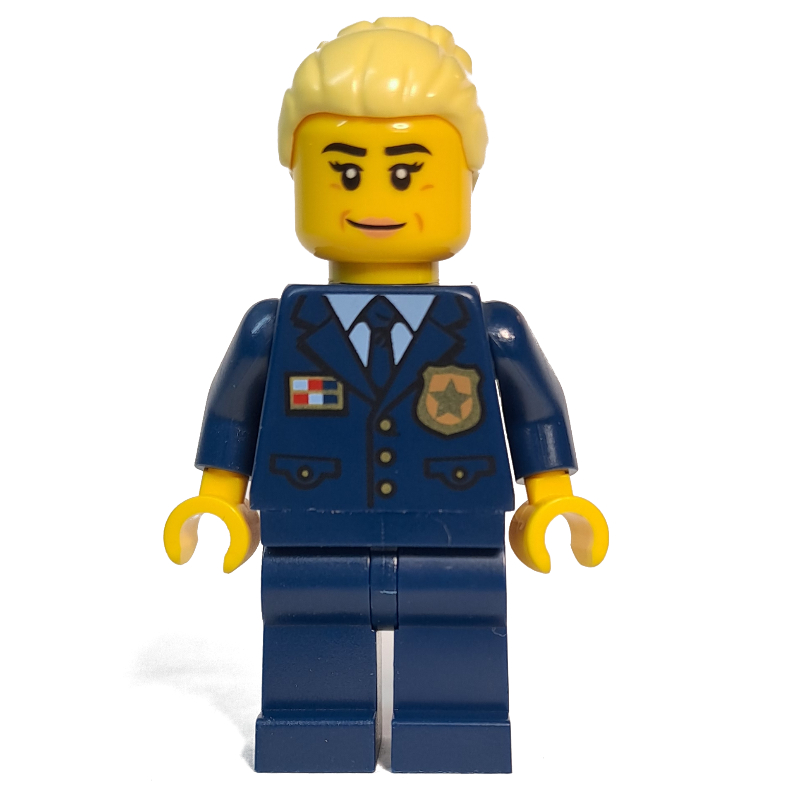 Policier, costume bleu foncé avec badge de police, cheveux jaune clair vif (Police Officer, Dark Blue Suit with Police Badge, Bright Light Yellow Hair)