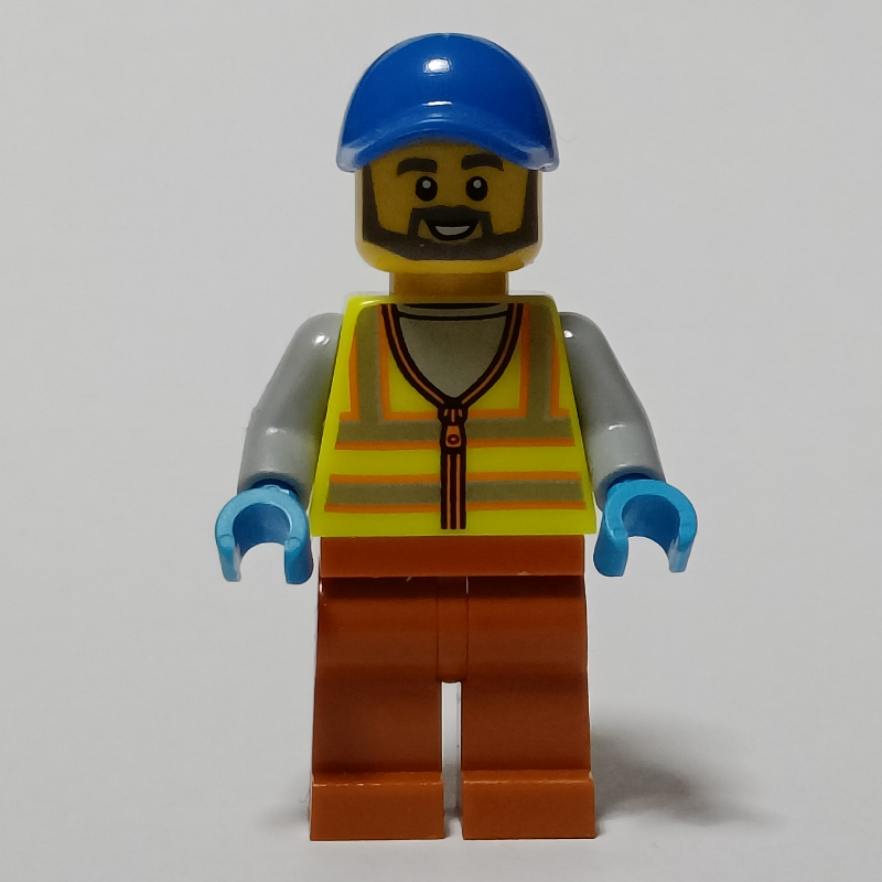 Homme, gilet de sécurité jaune vif, jambes orange foncé, casquette bleue (Man, Vibrant Yellow Safety Vest, Dark Orange Legs, Blue Cap)