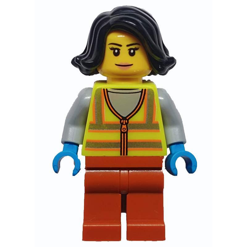 Femme, gilet de sécurité jaune vif, jambes orange foncé, cheveux noirs (Woman, Vibrant Yellow Safety Vest, Dark Orange Legs, Black Hair)