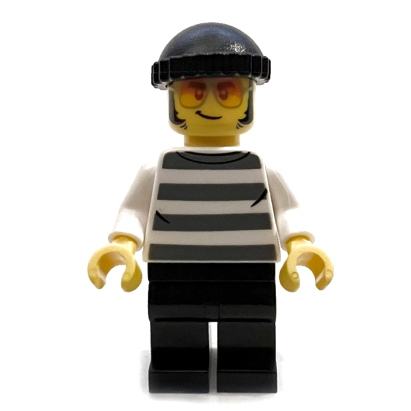 Bandit, chandail de prison, jambes noires, bonnet noir, lunettes orange (Criminal, Prison Sweater, Black Legs, Black Beanie, Orange Glasses)