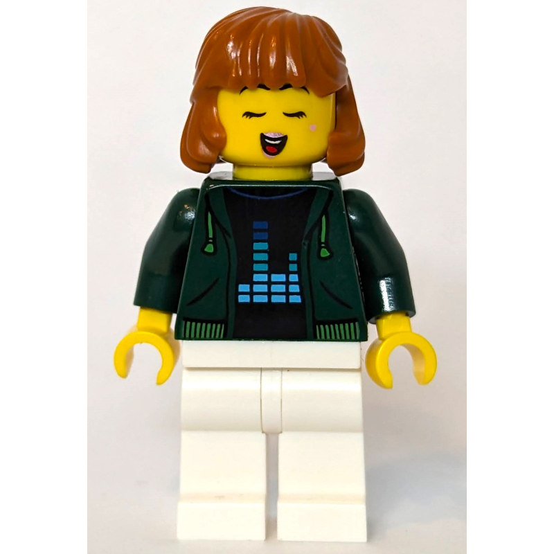 Femme, veste vert foncé, jambes blanches, cheveux orange foncé (Woman, Dark Green Jacket, White Legs, Dark Orange Hair)
