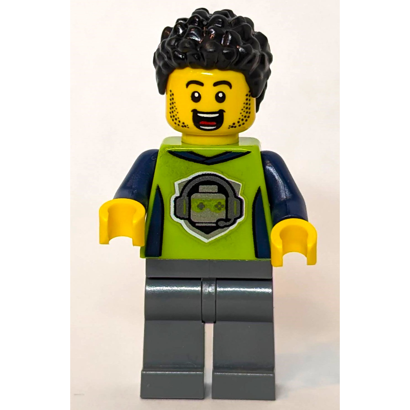 Homme, veste vert citron, jambes gris bleuté foncé, cheveux noirs (Man, Lime Jacket, Dark Bluish Gray Legs, Black Hair)