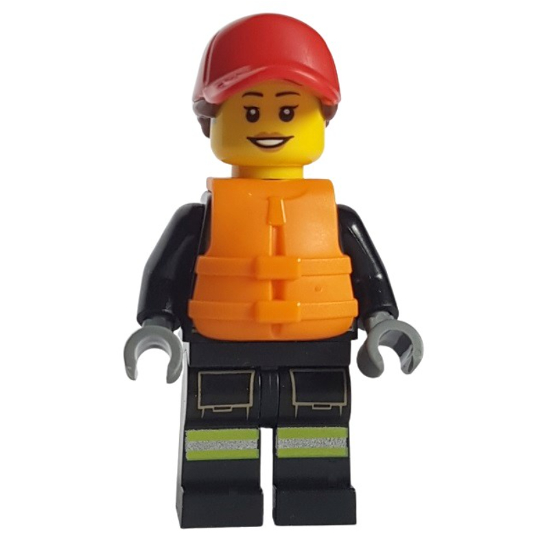Pompier, tenue de pompier noire, gilet de sauvetage orange, casquette rouge (Firefighter, Black Fire Suit, Orange Life Vest, Red Cap)