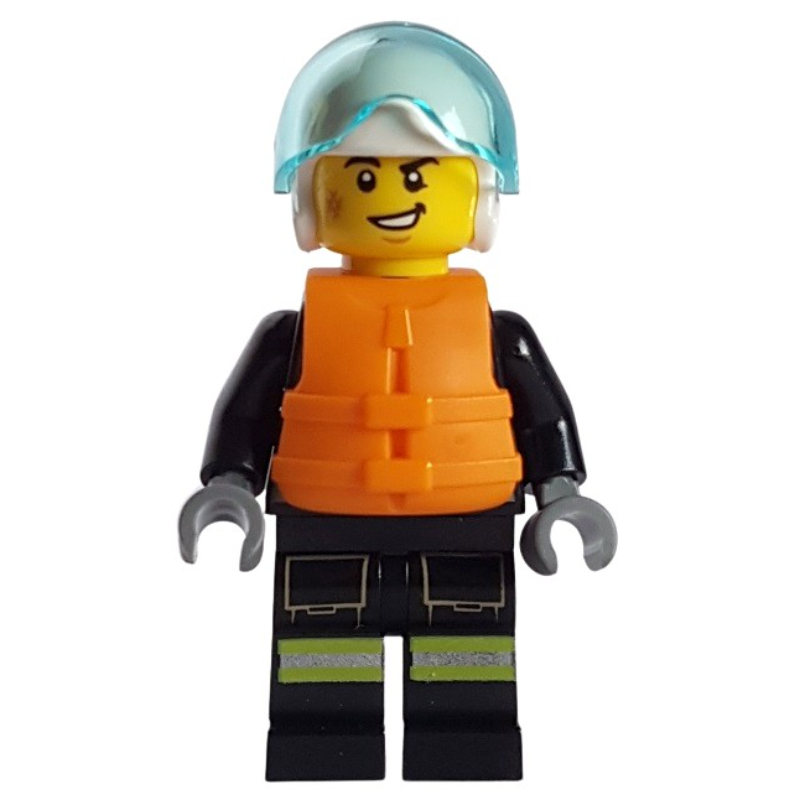 Pompier, tenue de pompier noire, gilet de sauvetage orange, casque blanc (Firefighter, Black Fire Suit, Orange Life Vest, White Helmet)