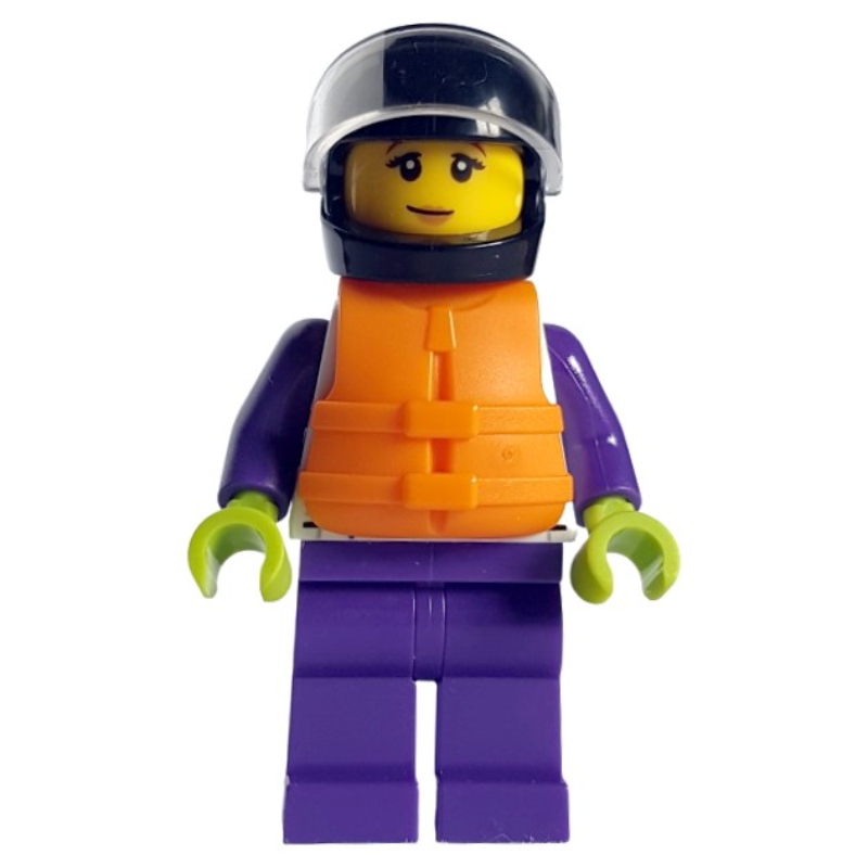 Courseur de bateau, costume de course blanc et violet foncé, gilet de sauvetage orange, casque noir (Boat Racer, White and Dark Purple Race Suit, Orange Life Vest, Black Helmet)