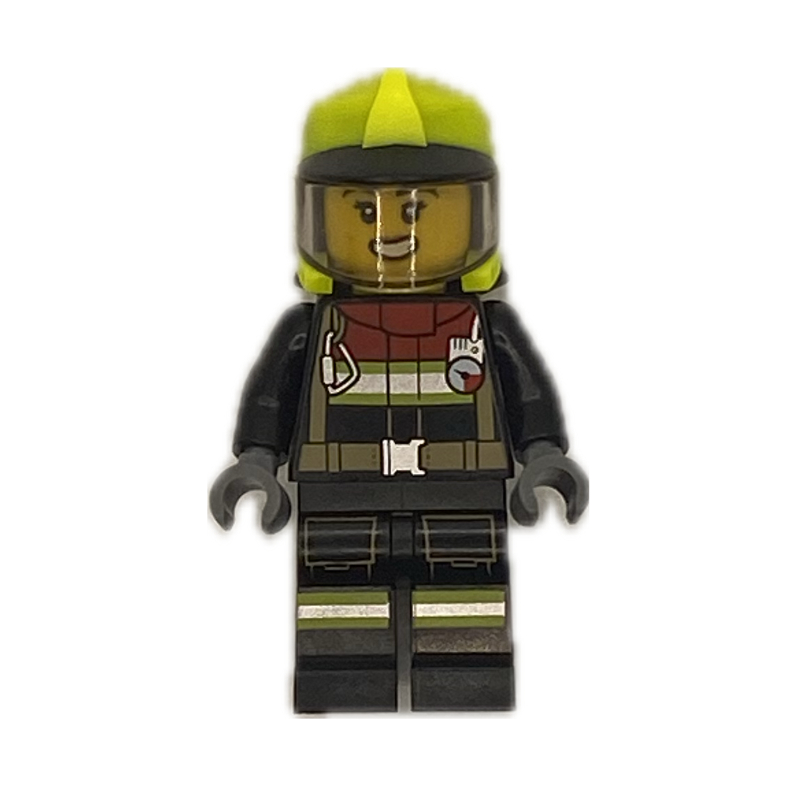Pompier, costume de feu noir, casque jaune vibrant avec visière (Firefighter, Black Fire Suit, Vibrant Yellow Helmet with Visor)