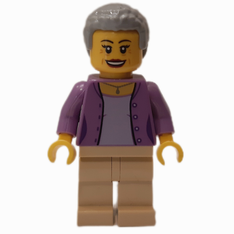 Femme, haut lavande, jambes beige, cheveux gris bleuté clair (Woman, Lavender Top, Tan Legs, Light Bluish Gray Hair)
