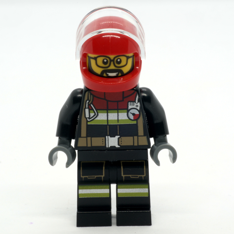 Pompier, costume de feu noir, casque rouge avec visière, lunettes (Firefighter, Black Fire Suit, Red Helmet with Visor, Glasses)