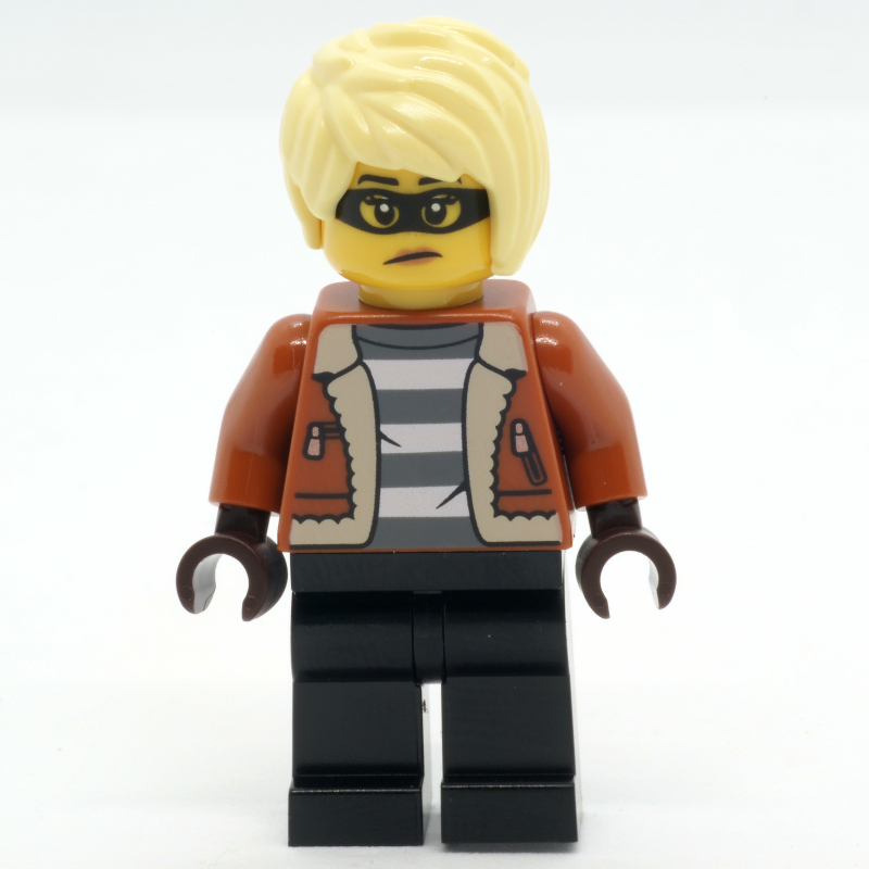 Criminel, veste orange foncé, jambes noires, cheveux jaune clair lumineux (Criminal, Dark Orange Jacket, Black Legs, Bright Light Yellow Hair)