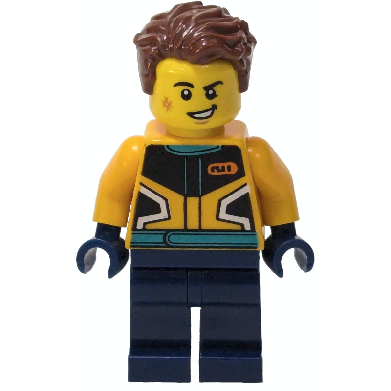 Pilote de course, costume de course orange et bleu foncé, cheveux brun rougeâtre (Racer, Orange and Dark Blue Race Suit, Reddish Brown Hair)