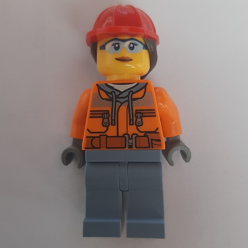 Ouvrier de chantier, veste de sécurité orange, jambes bleu sable, casque de chantier rouge avec queue de cheval (Construction Worker, Orange Safety Jacket, Sand Blue Legs, Red Hard Hat with Ponytail)