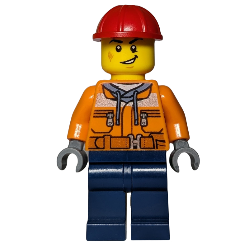 Ouvrier de chantier, veste de sécurité orange, jambes bleu foncé, casque de chantier rouge (Construction Worker, Orange Safety Jacket, Dark Blue Legs, Red Hard Hat)