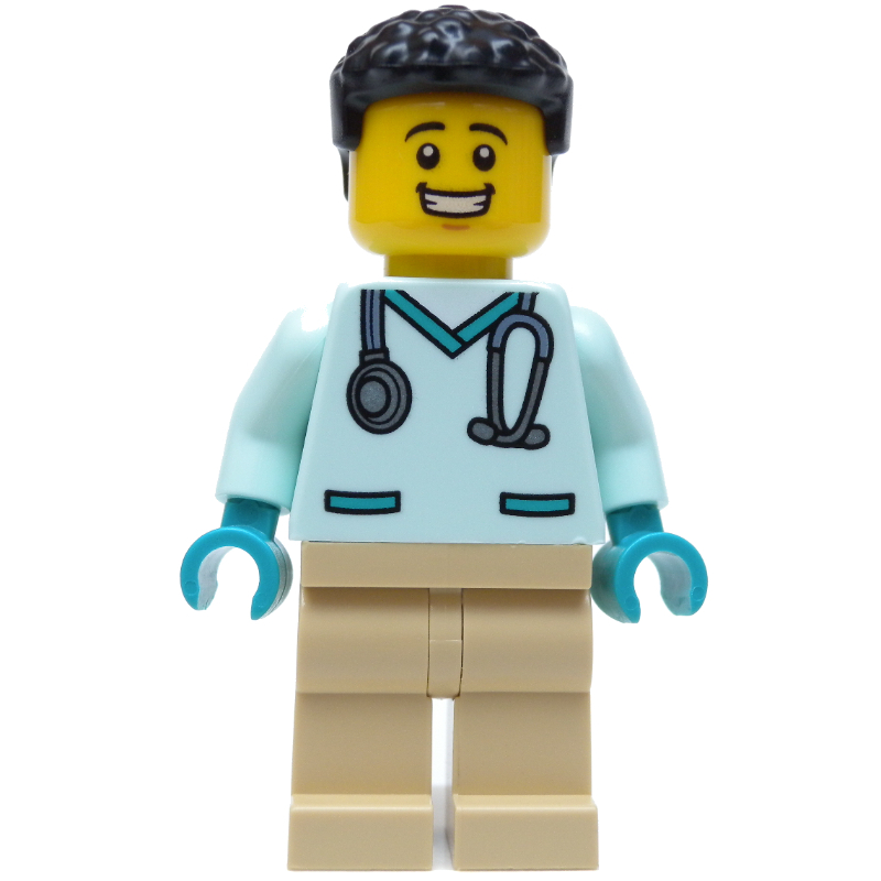Veterinaire, chemise vert d’eau légère, jambes beige, cheveux noirs (Vet, Light Aqua Shirt, Tan Legs, Black Hair)