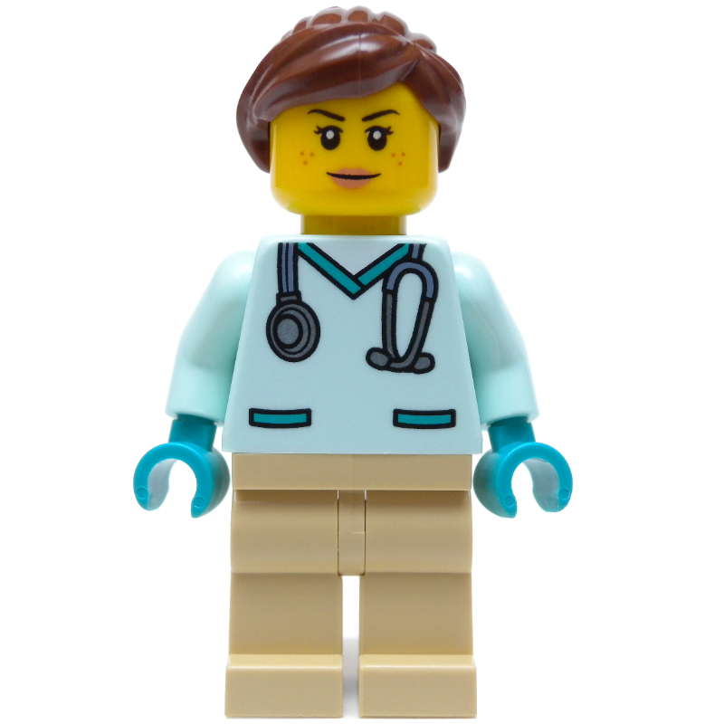 Veterinaire, chemise vert d’eau clair, jambes beiges, queue de cheval brun rougeâtre (Vet, Light Aqua Shirt, Tan Legs, Reddish Brown Ponytail)