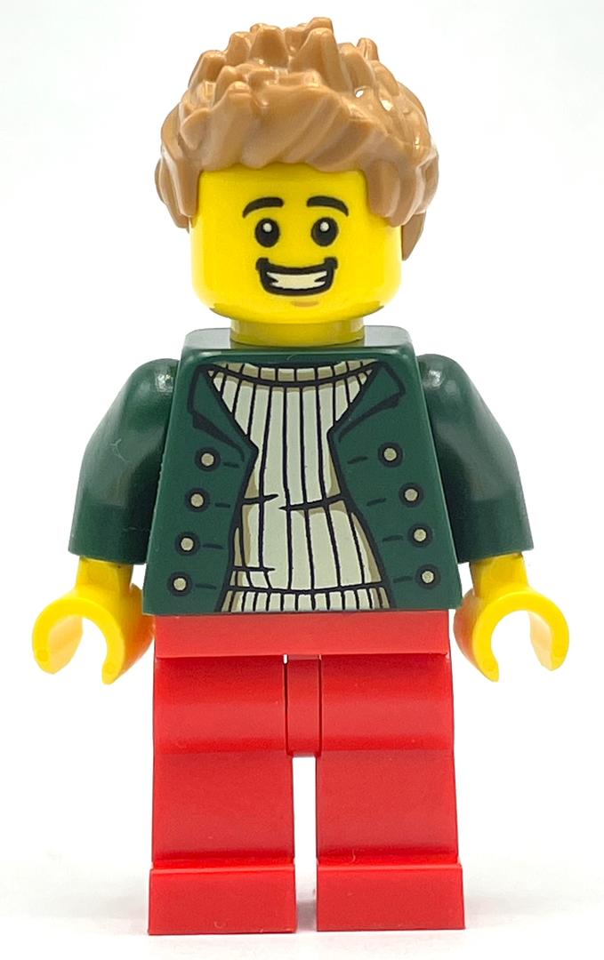 Chauffeur de livraison de pizza - torse vert foncé, jambes rouges, cheveux nougat moyen (Pizza Delivery Driver - Dark Green Torso, Red Legs, Medium Nougat Hair)
