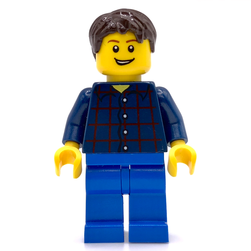 Homme, chemise à carreaux bleu foncé, jambes bleues, cheveux brun foncé (tête 3626c) (Man, Dark Blue Plaid Shirt, Blue Legs, Dark Brown Hair (3626c Head))