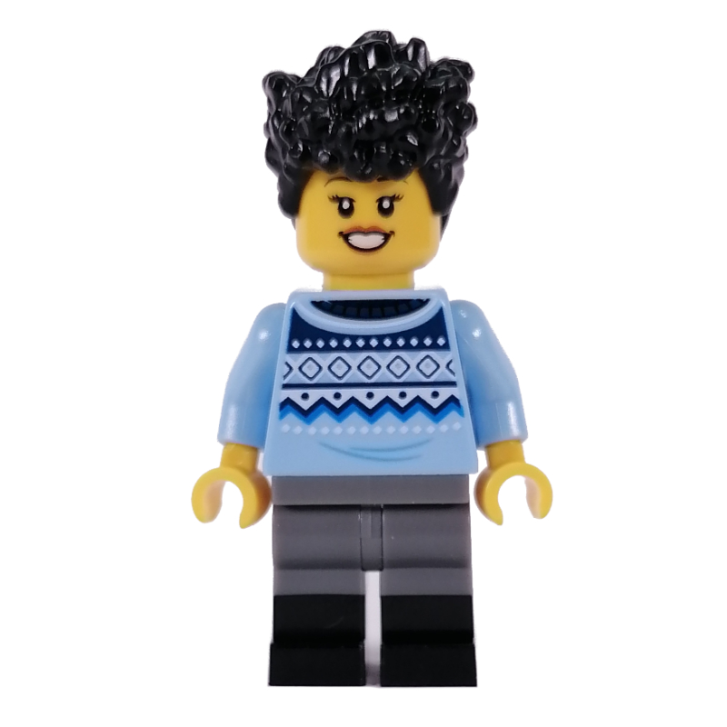 Torse bleu clair vif, jambes gris bleuté foncé et noires, cheveux noirs (Bright Light Blue Torso, Dark Bluish Grey/Black Legs, Black Hair)