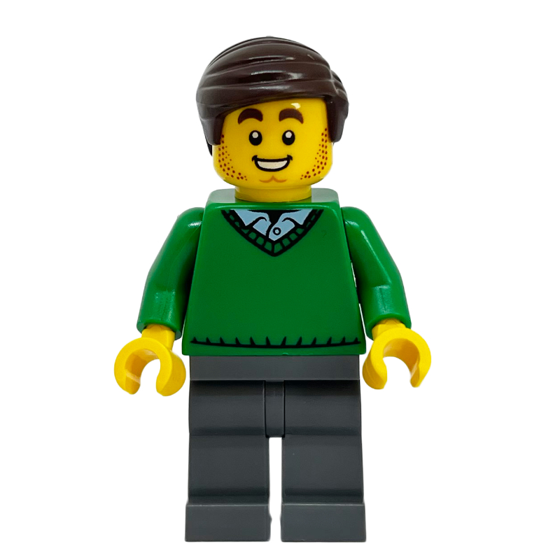 Torse vert, gris bleuâtre foncé, cheveux brun foncé (Green Torso, Dark Bluish Grey, Dark Brown Hair)