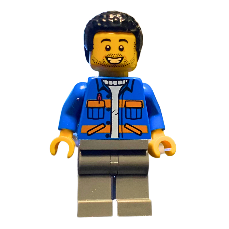 Torse bleu, gilet de sécurité, jambes gris bleuté foncé, cheveux noirs (Blue Torso, Safety Vest, Dark Bluish Grey Legs, Black Hair)
