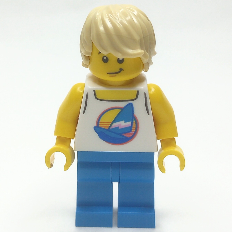 Torse blanc, planche de surf, jambes azur foncé, cheveux beiges (White Torso, Surfboard, Dark Azure Legs, Tan Hair)