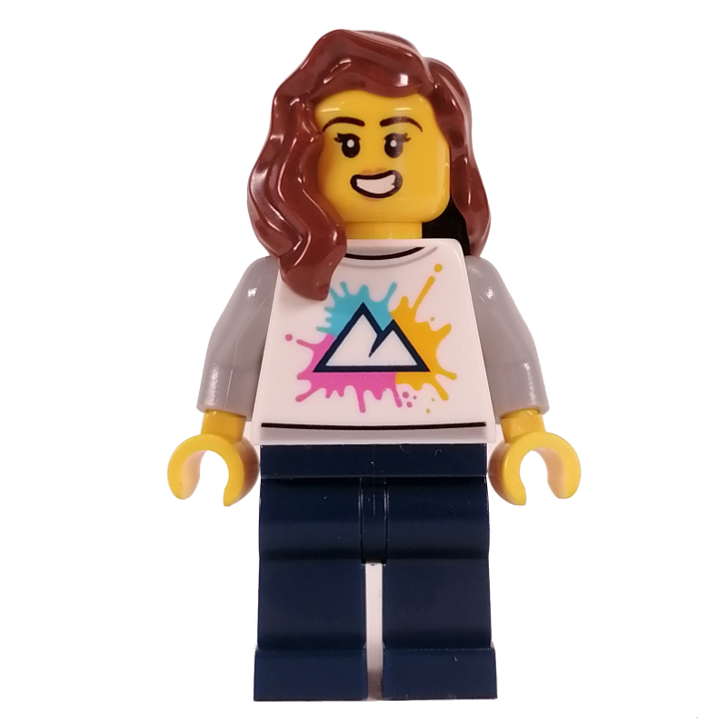 Torse blanc, jambes bleu foncé, cheveux brun rougeâtre (White Torso, Dark Blue Legs, Reddish Brown Hair)
