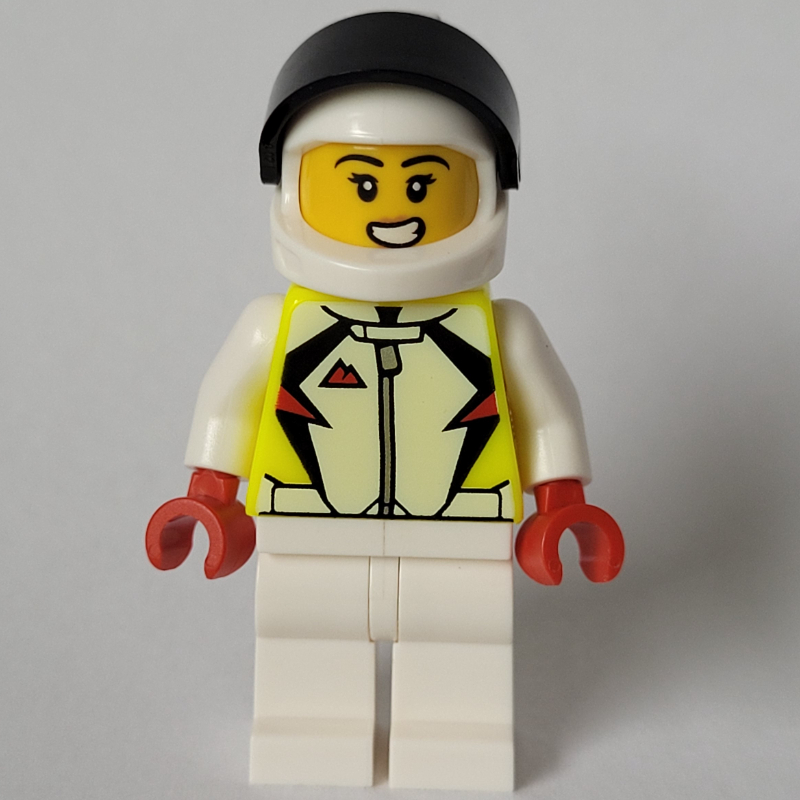 Cascadeur, costume de course jaune blanc et vibrant, casque blanc (Stunt Rider, White and Vibrant Yellow Race Suit, White Helmet)