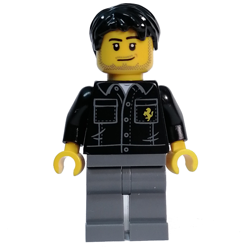 Pilote de course - torse noir, jambes gris bleuté foncé, cheveux noirs (Race Driver - Black Torso, Dark Bluish Grey Legs, Black Hair)