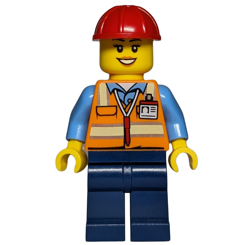 Travailleur de la construction - torse orange, jambes bleu foncé, casque rouge, femme (Construction Worker - Orange Torso, Dark Blue Legs, Red Helmet, Female)