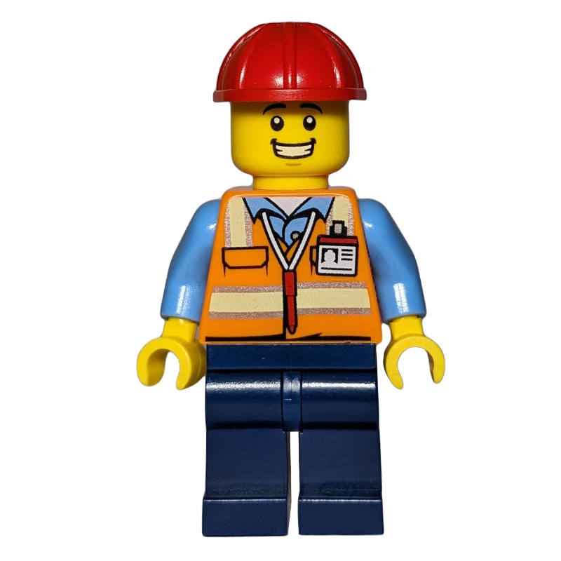 Travailleur de la construction - torse orange, jambes bleu foncé, casque rouge, grand sourire (Construction Worker - Orange Torso, Dark Blue Legs, Red Helmet, Grin)